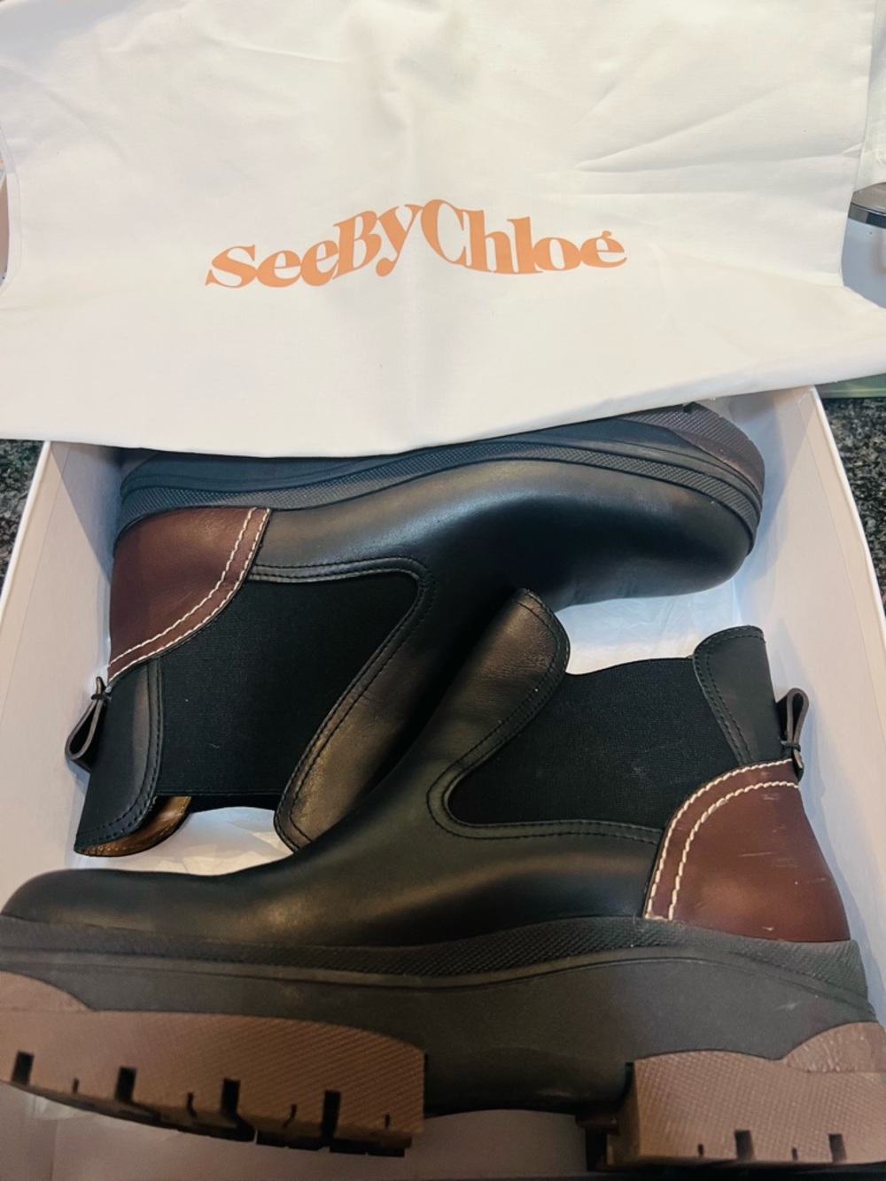 See By Chloé Black and Brown Leather Chelsea Ankle Boots